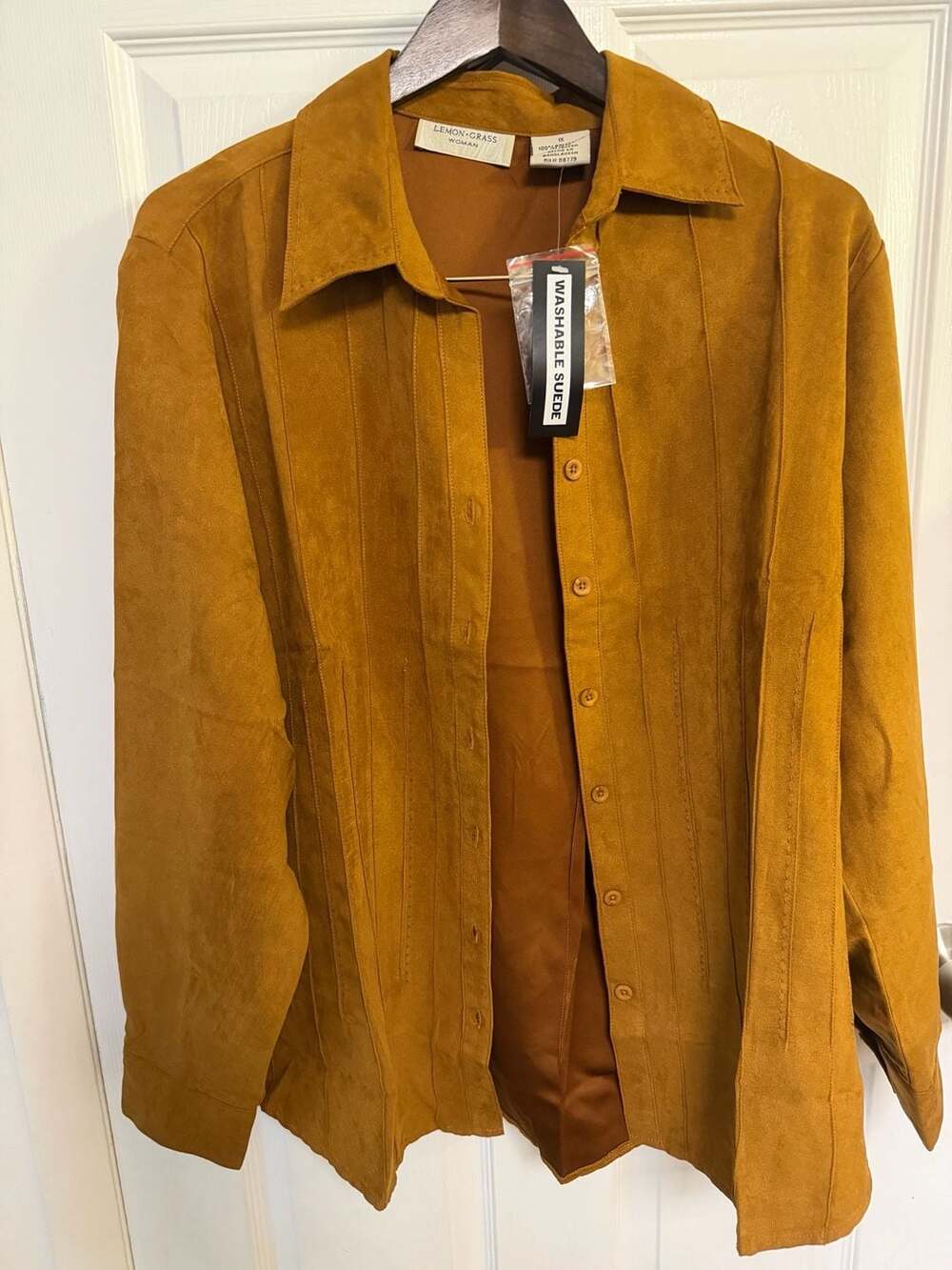 Lemon Grass Woman Washable Suede Button Down Shirt Jacket Mustard Gold Size 1X